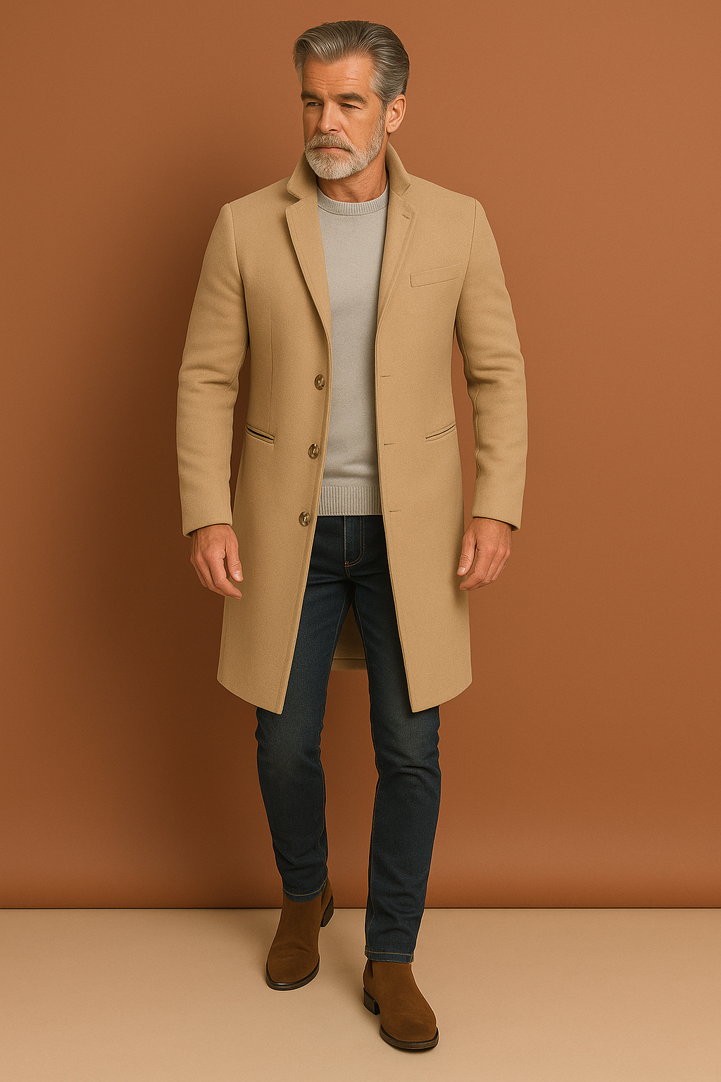 Elegant beige heren trenchcoat, veelzijdige herfstjas voor klassieke en moderne outfits. Comfortabele mantel.