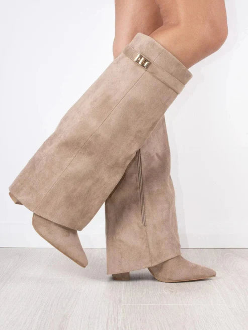 "Luxe hoge beige laarzen met flap en blokhak, elegant leren design, dames schoenen, comfortabel en veelzijdig voor elke stijl