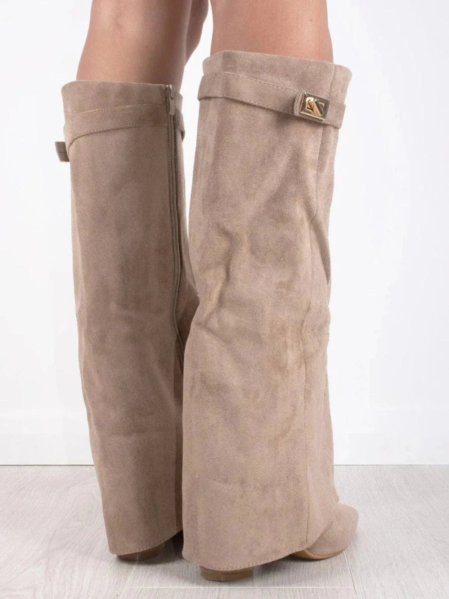 "Luxe hoge beige laarzen met flap en blokhak, elegant leren design, dames schoenen, comfortabel en veelzijdig voor elke stijl