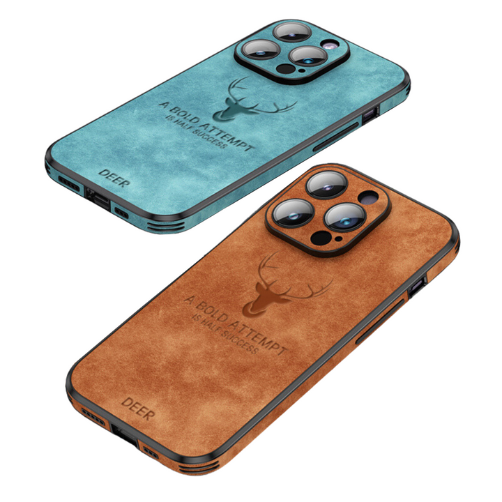 Luxe leren iPhone hoesje, stijlvol design, schokbestendige bescherming.