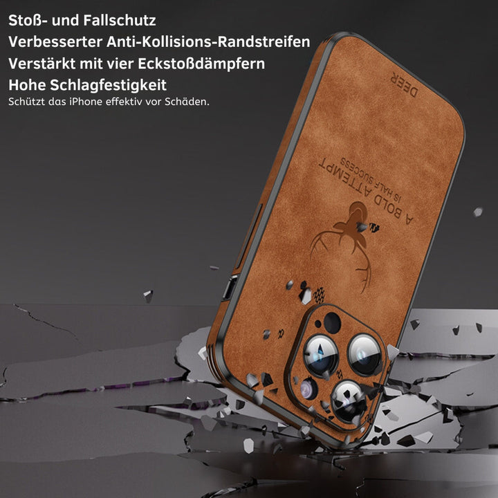 Compact leren iPhone hoesje, biedt slanke en toch robuuste bescherming.