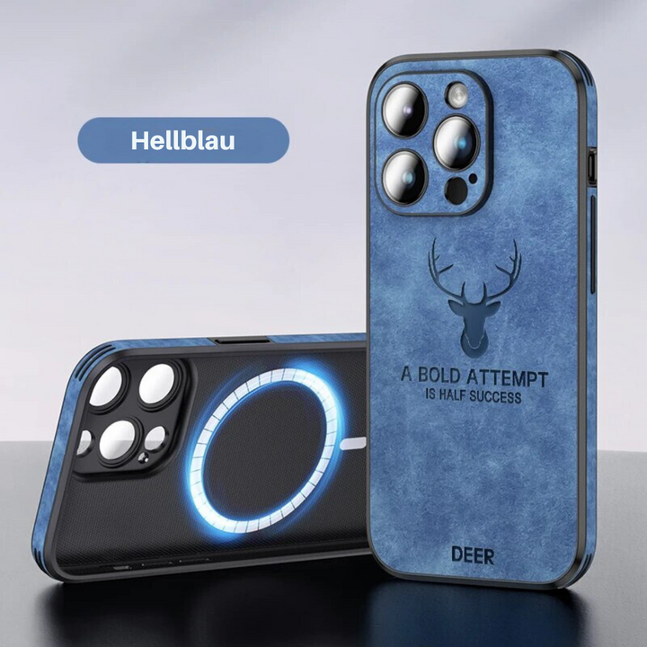 Zwart leren iPhone hoesje, focus op de schokabsorberende randen.