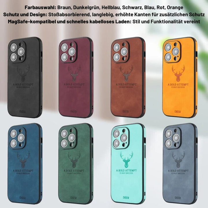 Bruin leren iPhone hoesje, toont de rijke textuur van het materiaal.