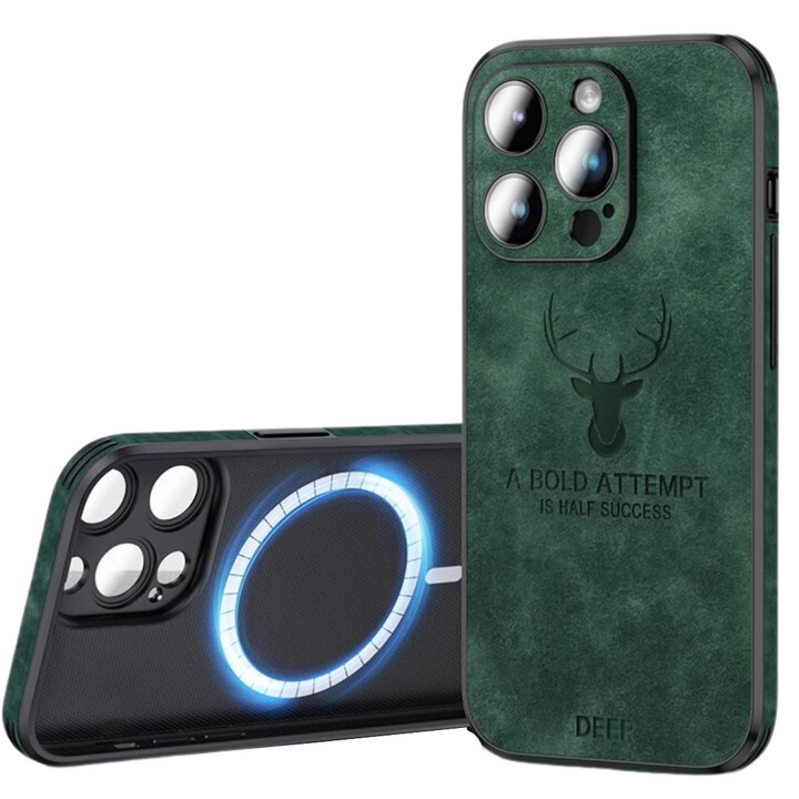 Detail van het zachte leren oppervlak van dit luxe iPhone hoesje.