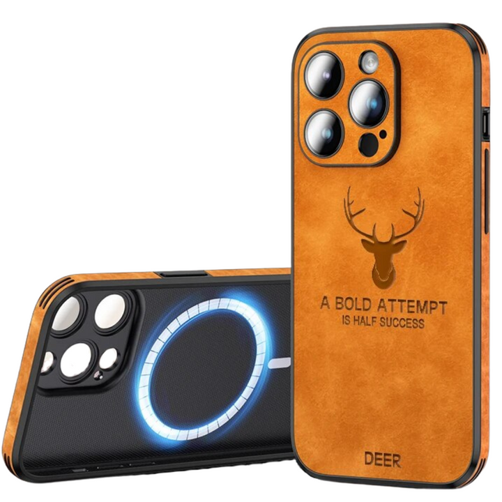 Leren iPhone hoesje met precieze uitsparingen voor camera en poorten.