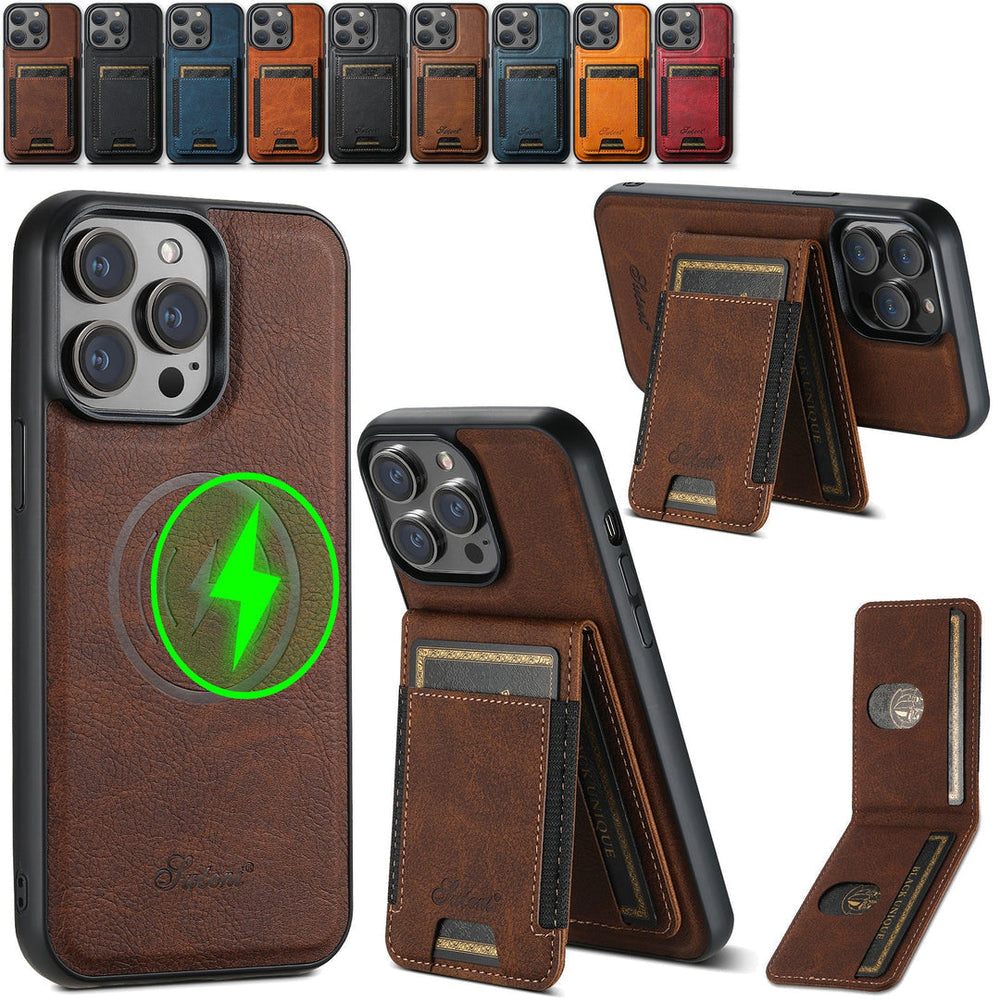 Luxe leren telefoonhoes met kaarthouder, MagSafe compatibel; elegant leer en slank design voor iPhone bescherming.
