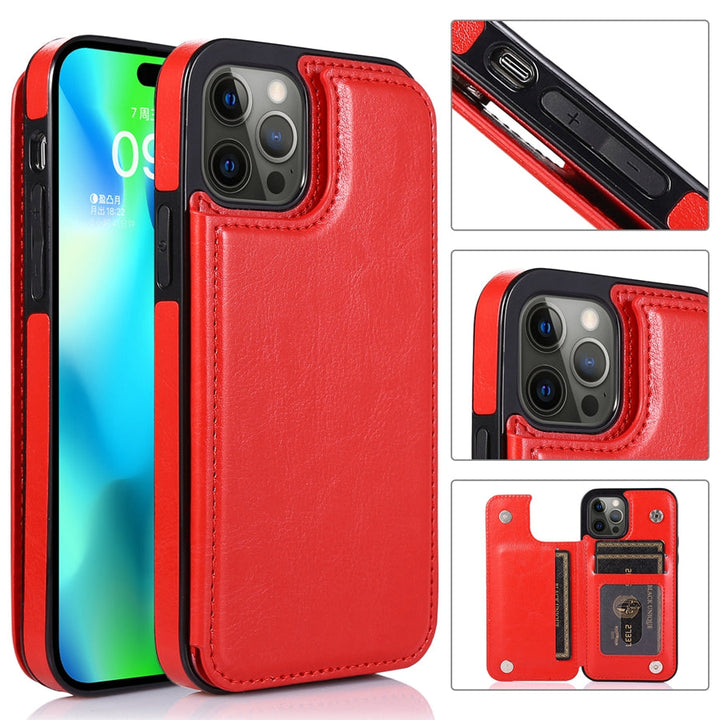 Slank design leren telefoonhoes met pasjeshouder en sterke magnetische sluiting, voor dagelijks gebruik.