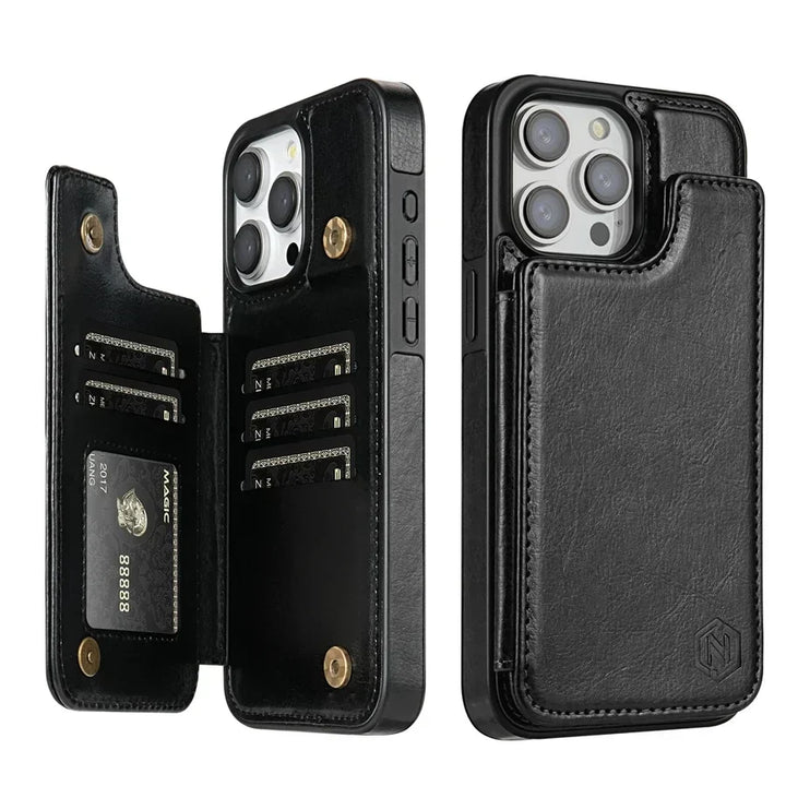 Premium leren telefoonhoes met geïntegreerde pasjeshouder, magneetsluiting en luxe uitstraling.