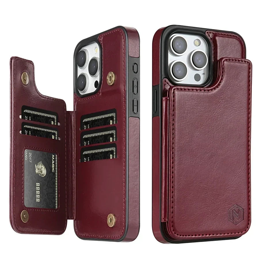 Robuuste leren telefoonhoes met bescherming, kaartvakken en veilige magnetische sluiting.