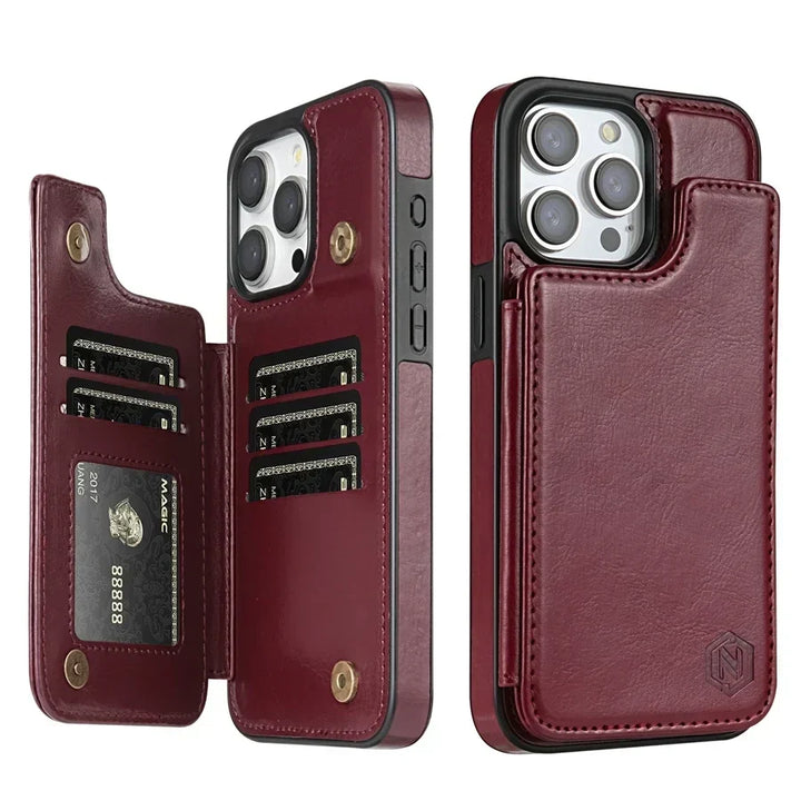 Robuuste leren telefoonhoes met bescherming, kaartvakken en veilige magnetische sluiting.