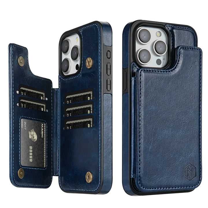 Leren flip telefoonhoes met pasjeshouder en magnetische klep voor volledige bescherming van je telefoon.