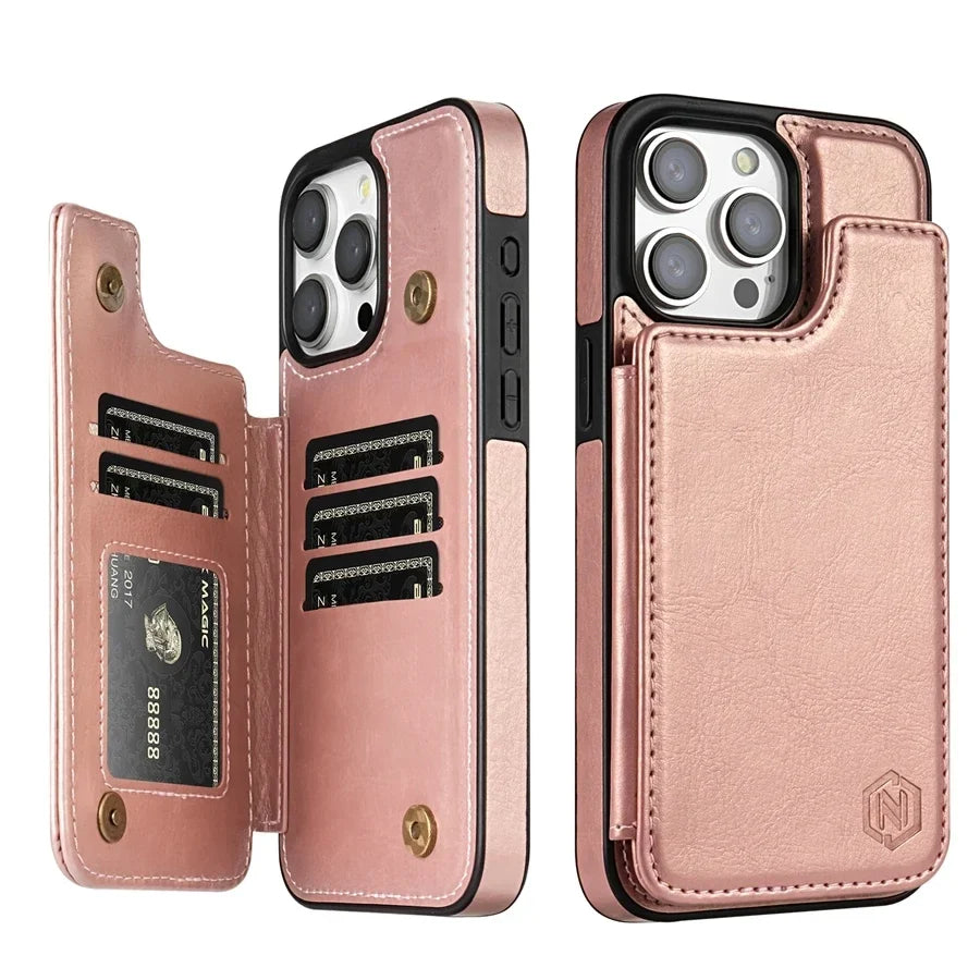 Luxe, compacte leren telefoonhoes met pasjeshouder, magneetsluiting en volledige bescherming.