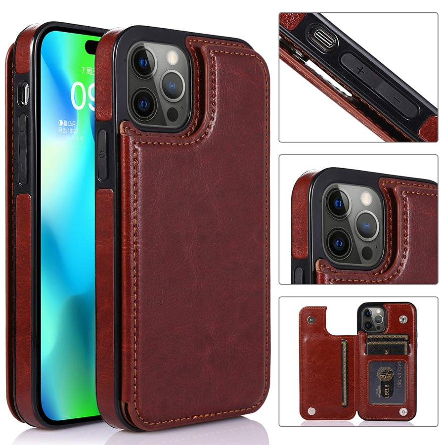 Stijlvolle leren telefoonhoes voor optimale bescherming, met handige kaartvakken en magneetsluiting.