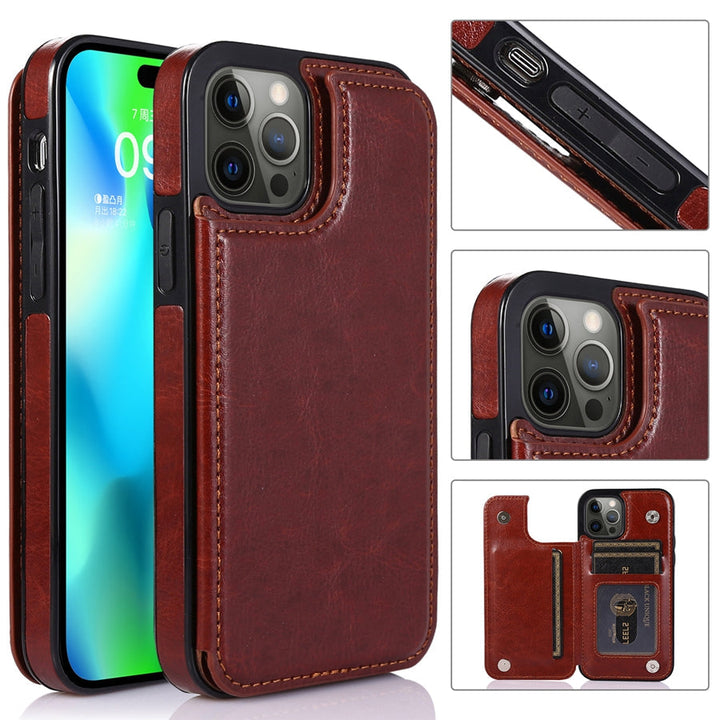 Stijlvolle leren telefoonhoes voor optimale bescherming, met handige kaartvakken en magneetsluiting.