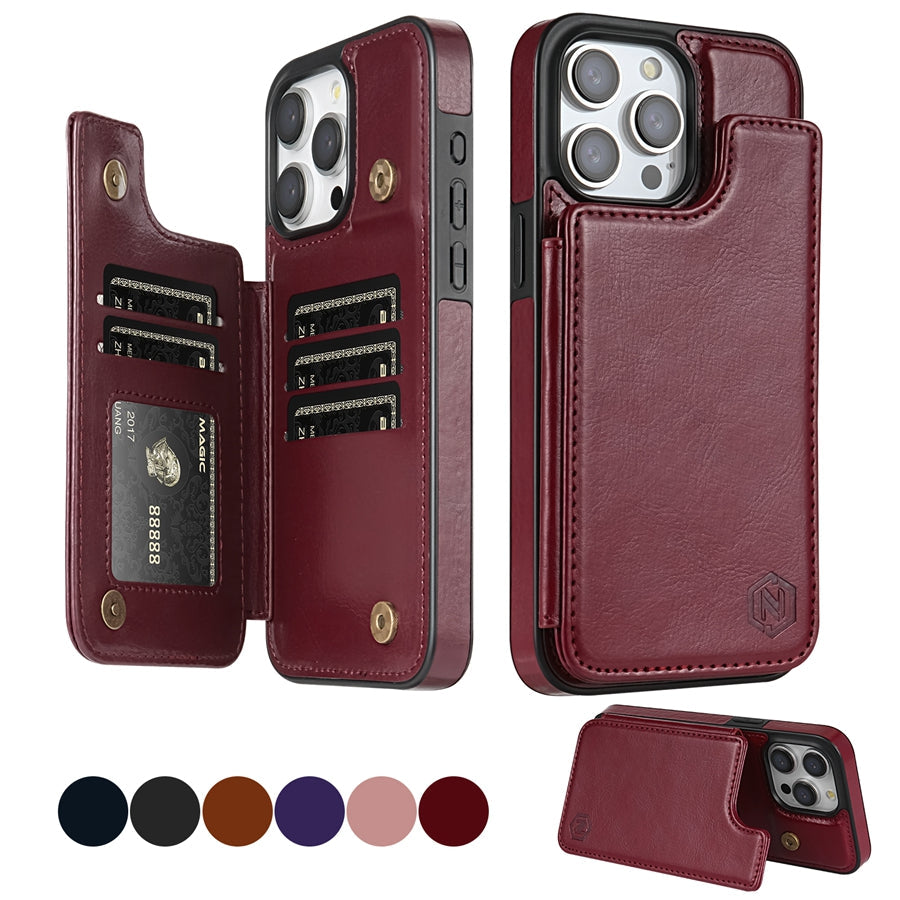 Compacte luxe leren iPhone hoesje in elegant design, met geïntegreerde pasjeshouder.