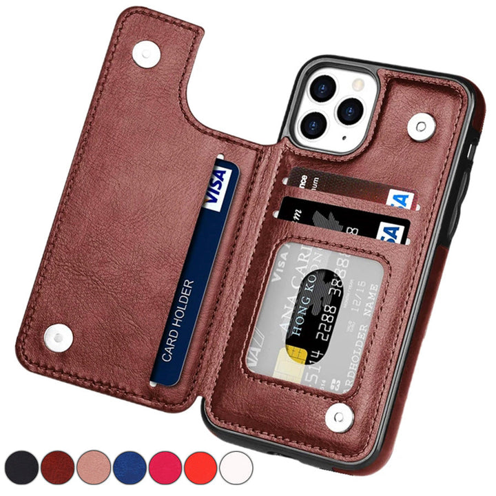Handige leren telefoonhoes met meerdere kaartvakken en veilige magnetische sluiting.
