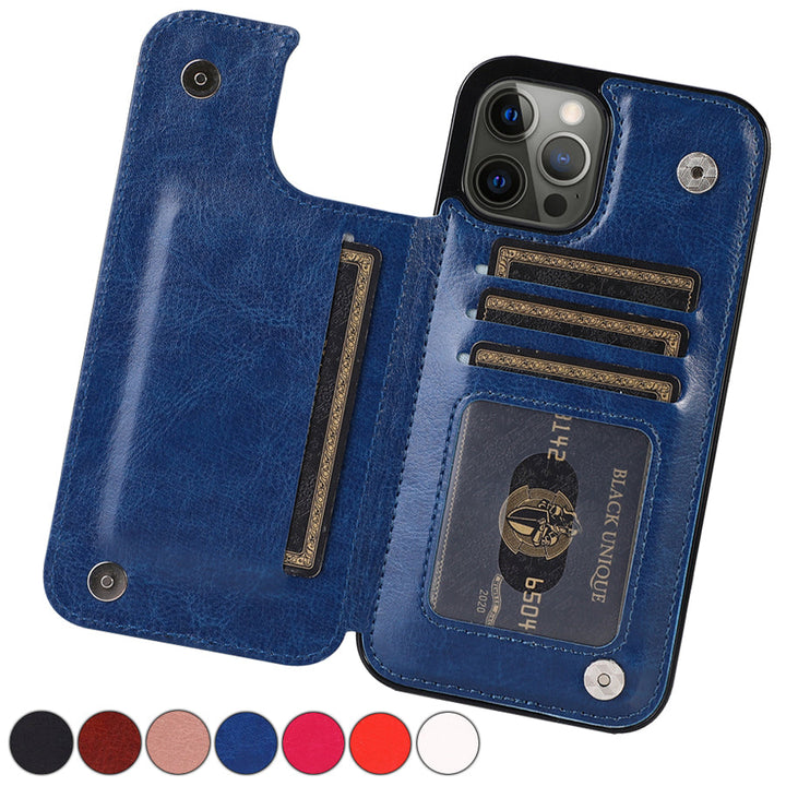 Duurzame leren telefoonhoes met stijlvolle afwerking, inclusief pasjeshouder en optimale bescherming.
