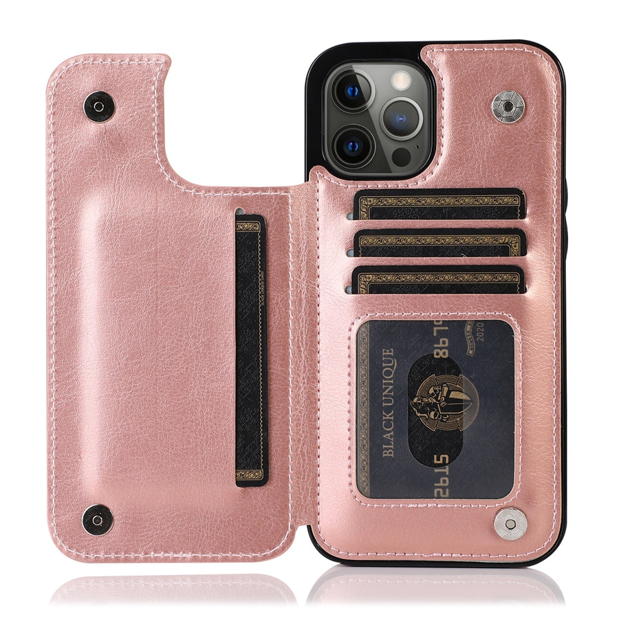 Veilige leren telefoonhoes met magnetische sluiting en ruimte voor pasjes, ideaal voor onderweg.
