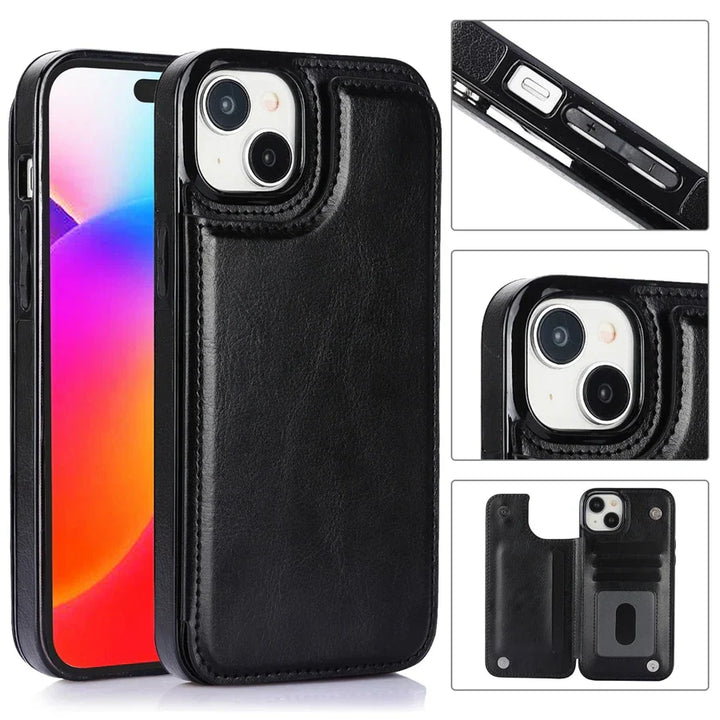Luxe leren iPhone hoesje met ingebouwde pasjeshouder, magnetische sluiting en volledige bescherming.