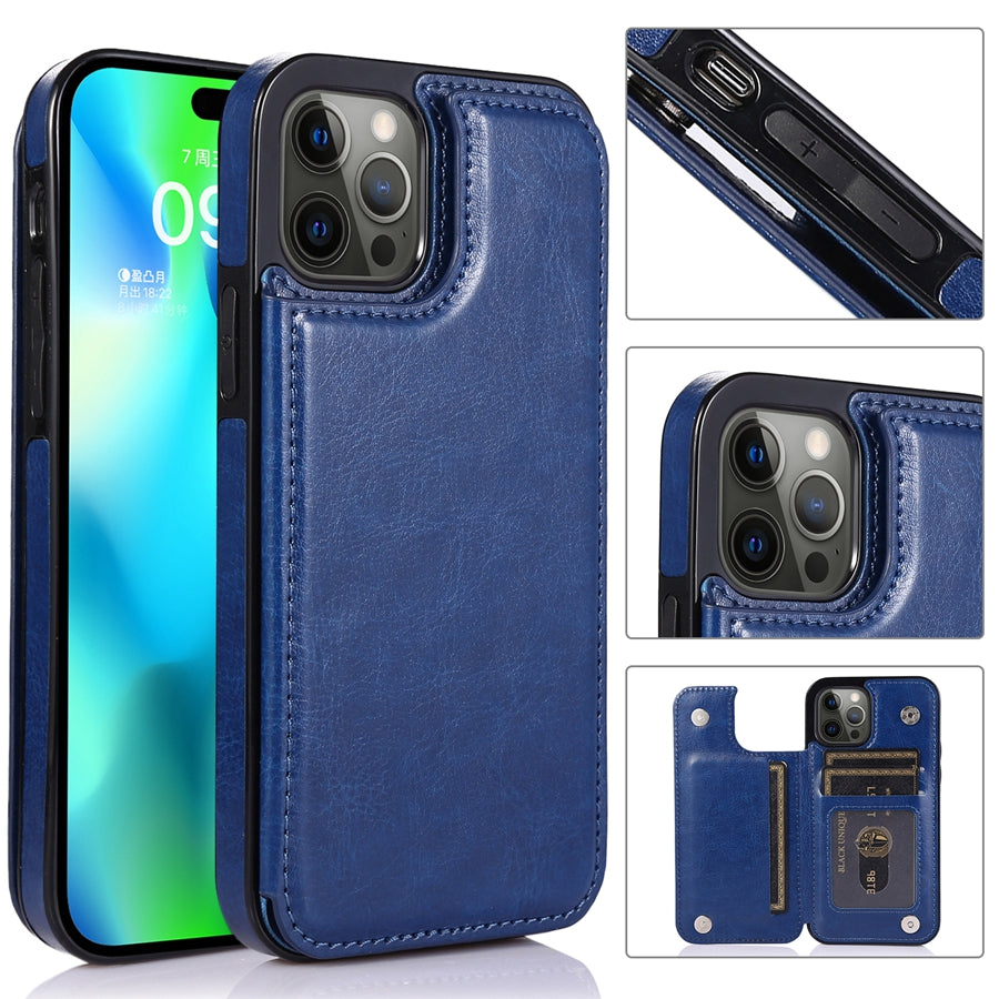 Multifunctionele leren telefoonhoes met kaartvakken, betrouwbare bescherming en magneetsluiting.