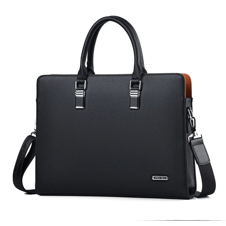 Professionele zwarte heren laptoptas van Portaro, als schoudertas te dragen voor werk en kantoor.