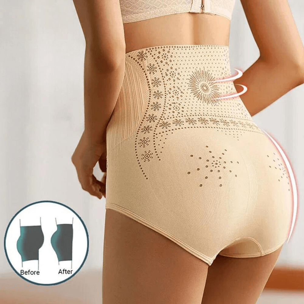 "Luxe shapewear, goud detail, slanke taille, platte buik, comfortabel, ademend, onzichtbaar onder kleding, elegant design."