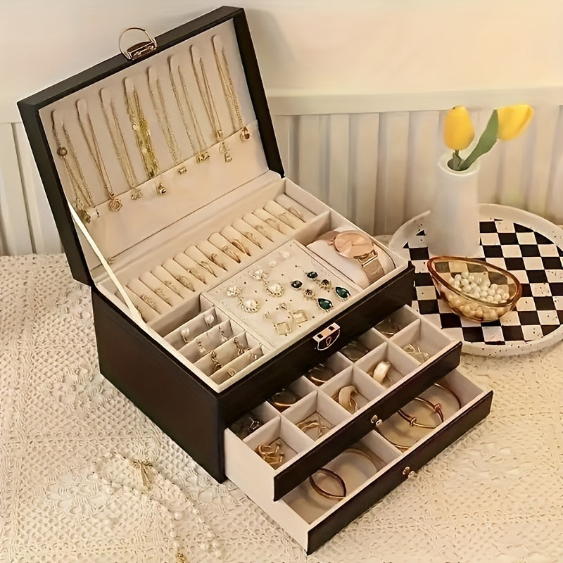 "Luxe sieradendoos van leer met meerdere vakken voor ringen, kettingen en armbanden, elegant en duurzaam design."