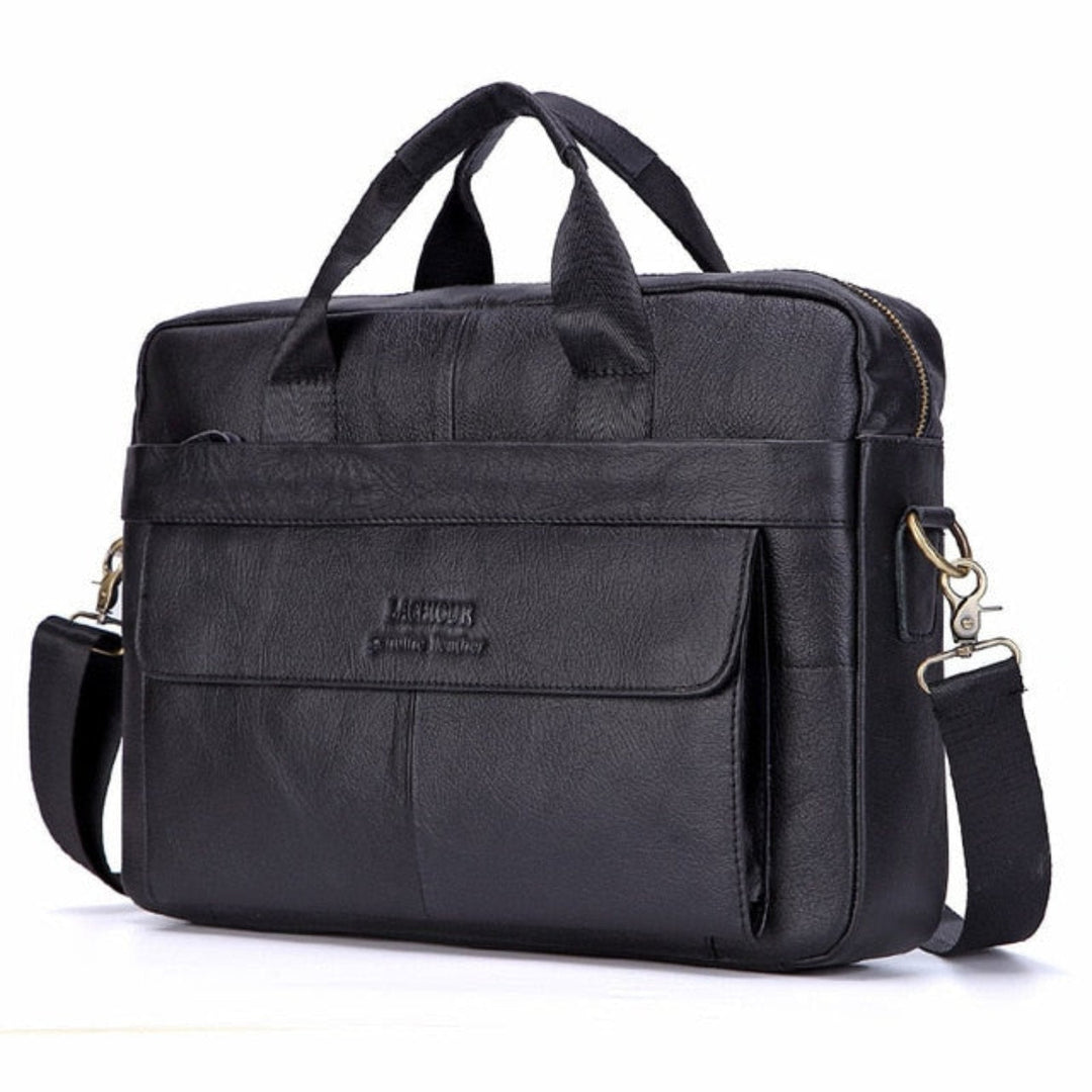 Interieur van luxe leren laptoptas Victor, organizer vakken voor laptop, documenten en accessoires.