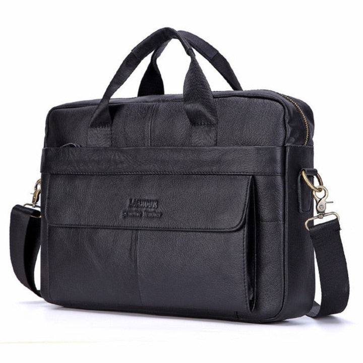 Interieur van luxe leren laptoptas Victor, organizer vakken voor laptop, documenten en accessoires.