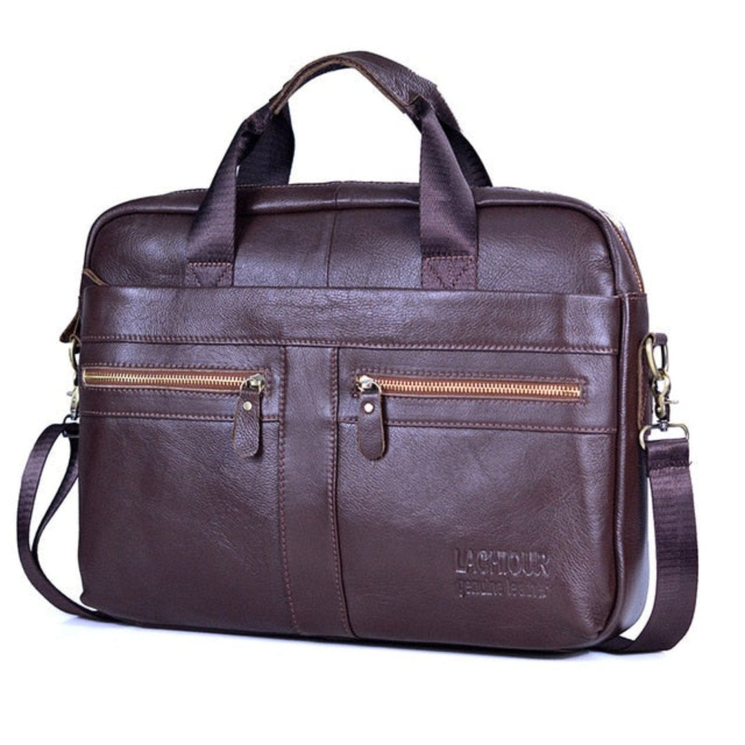Luxe laptoptas Victor met beveiligd laptopvak, de ideale leren zakelijke tas voor onderweg en reizen.