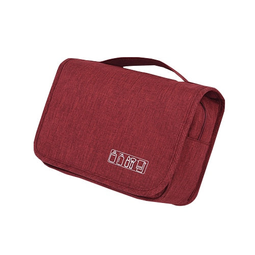 Compacte, hangende toilettas organiser voor reizen, waterdicht en ruim, geschikt voor unisex gebruik.