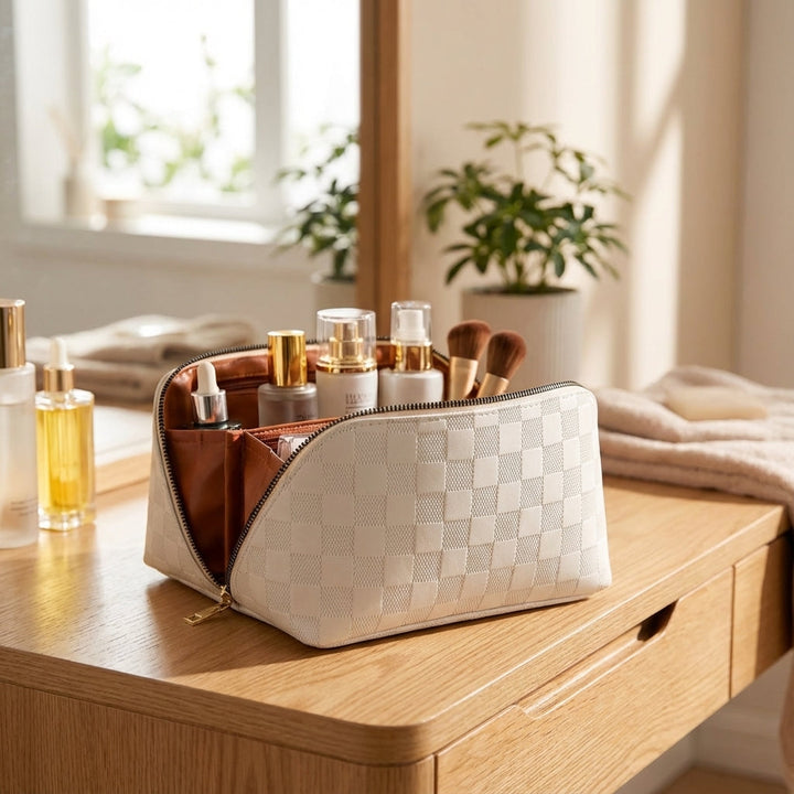 Luxe zwarte make-up tas van PU leer, ruim en waterafstotend voor dames cosmetica. Perfecte reistas organizer.