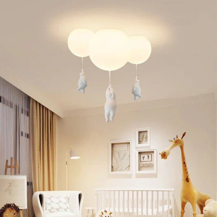 "Magische kinderlamp met speelse beer en ballon, warme LED-verlichting, ideaal voor kinderkamer, sfeervol design."