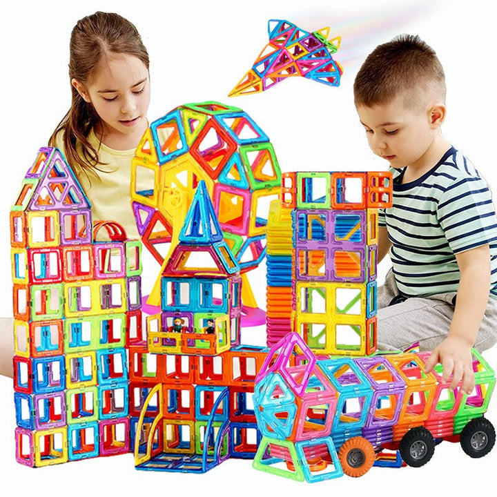 Magnetische bouwblokken in diverse kleuren helpen creativiteit ontwikkelen bij kinderen. Duurzaam en veilig speelgoed.