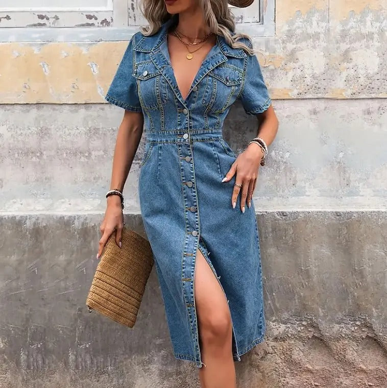 Denim Jurk - Korte Mouwen | Knoopsluiting Voorzijde | Blauw