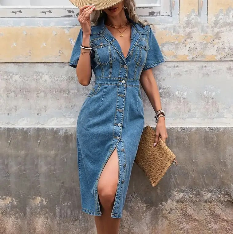 Denim Jurk - Korte Mouwen | Knoopsluiting Voorzijde | Blauw