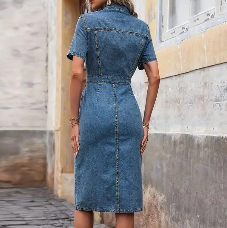 Denim Jurk - Korte Mouwen | Knoopsluiting Voorzijde | Blauw