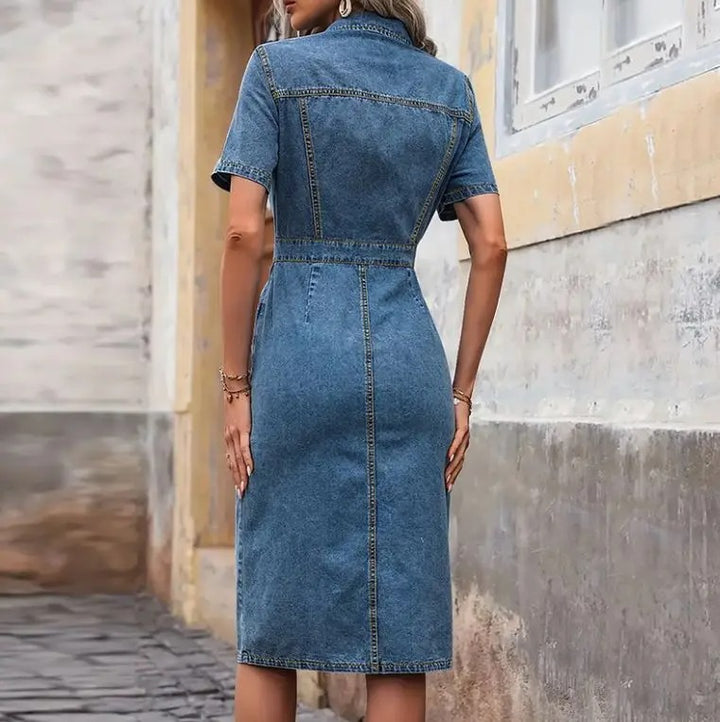 Denim Jurk - Korte Mouwen | Knoopsluiting Voorzijde | Blauw