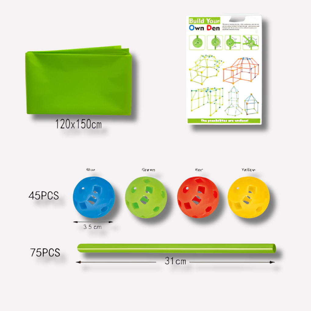 MALORIA creatieve bouw speeltent voor kinderen, wit met kleurrijke stokken, speels en ontwikkelend.