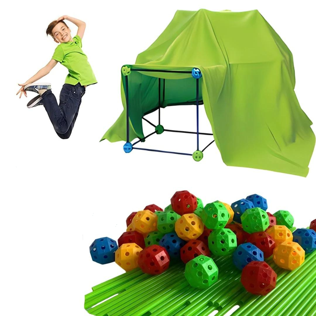 Meerdere kinderen samenwerkend aan de MALORIA bouw speeltent, stimuleert creativiteit en samenspel.