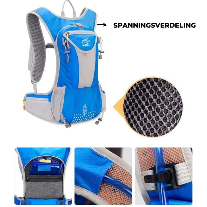 Model draagt een Maloria unisex reisrugzak 15L, lichtgewicht en compact, ideaal voor dagtochten en urban explorers.
