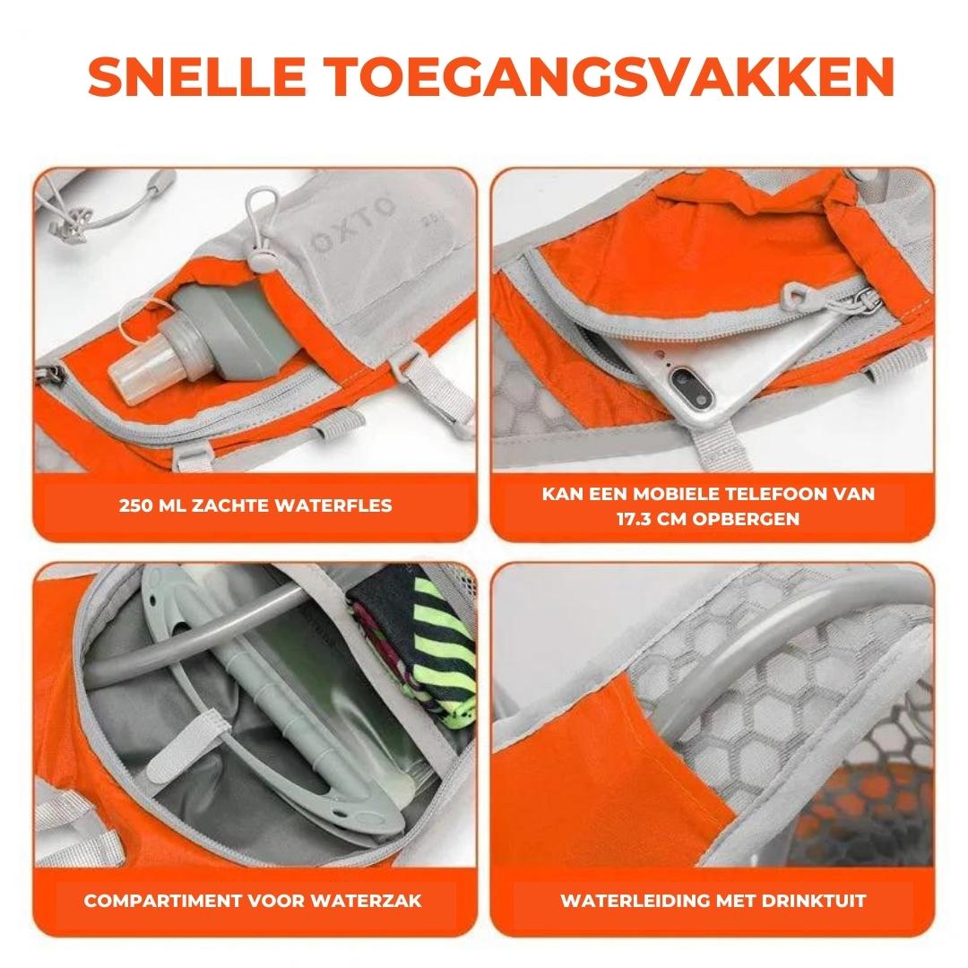 Close-up van het waterdichte oppervlak van de Maloria outdoor rugzak, benadrukt duurzaamheid en bescherming.