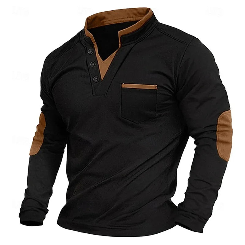 Mannen V-hals sweatshirt met contrasterende elleboogpatches. Stijlvol en comfortabel herensweatshirt voor casual look.