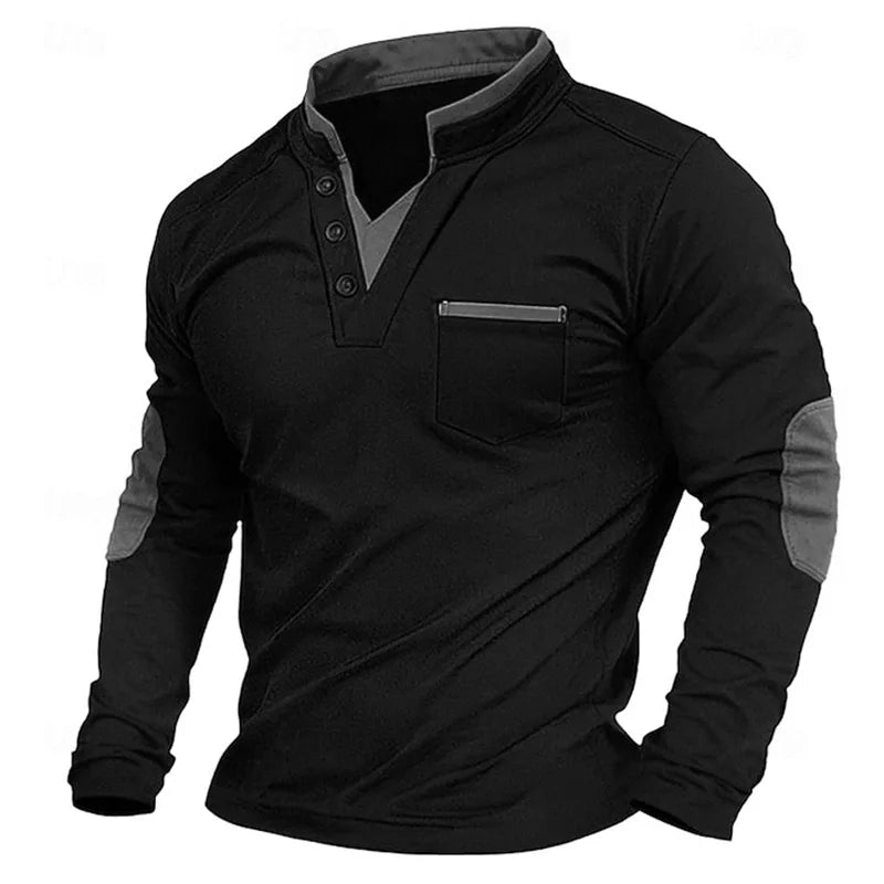 Comfortabel heren V-hals longsleeve sweatshirt met borstzakje en trendy elleboogpatches, ideaal voor moderne man.