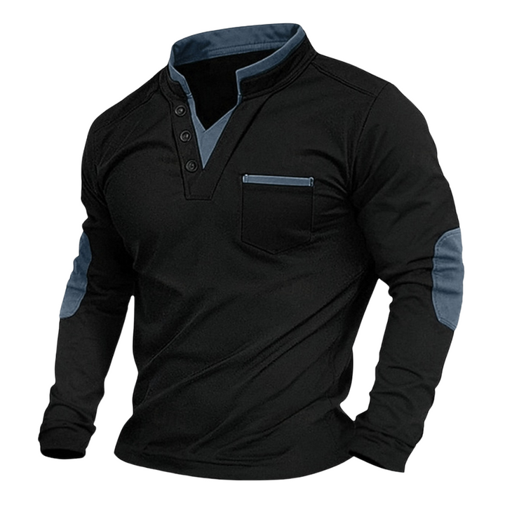 Close-up van de contrasterende elleboogpatches op dit stijlvolle heren V-hals sweatshirt. Casual en chic.