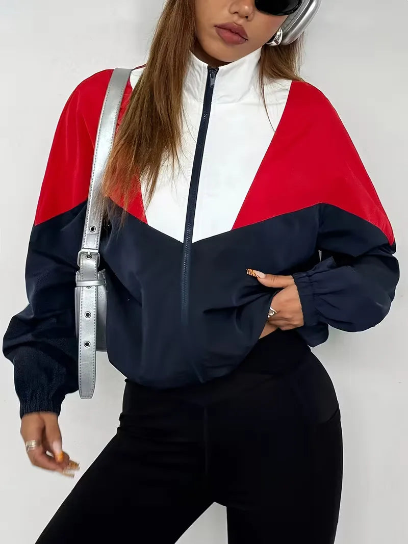 Modieuze dames kleurblok ritsjack voor een comfortabele, sportieve of casual look in voorjaar/najaar.