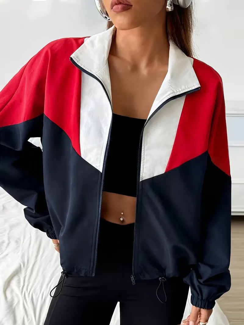 Trendy dames track jacket met kleurblok design en rits, veelzijdig voor een sportieve of casual streetwear stijl.