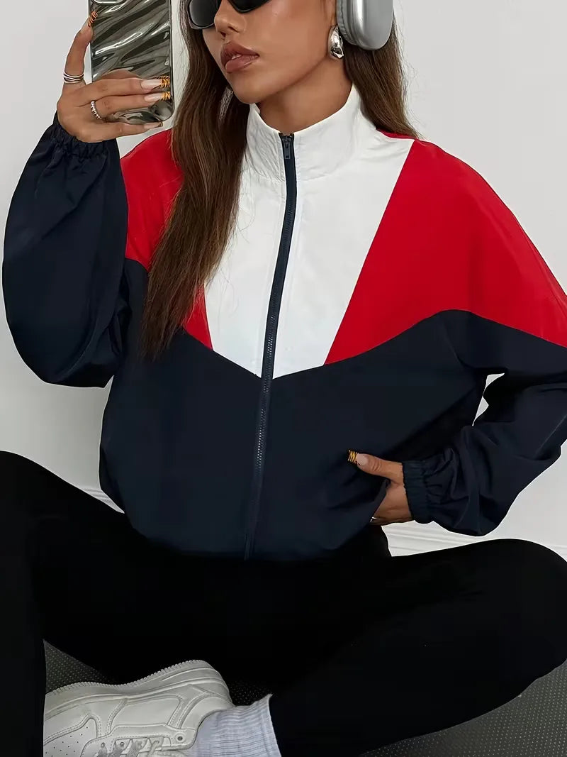 Modern dames track jacket met kleurblokken, comfortabel en modieus voor actieve of relaxte momenten.