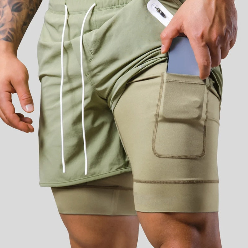 "Mauro 2-in-1 sportbroek heren, zwart, shorts met ingebouwde compressielegging, functionele zakken, elastische tailleband."
