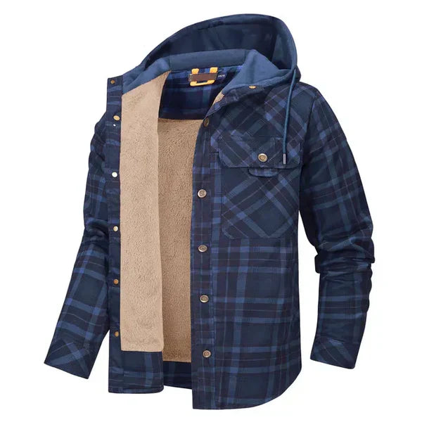 Heren overhemdjack van Meav met rood-zwart ruitpatroon en warme capuchon, perfect als vest.